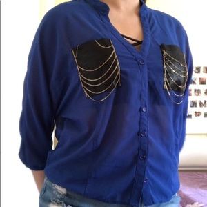 2B Bebe Mesh V-Neck Button Down Blouse